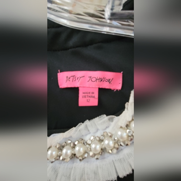 Betsey Johnson Black Dress with Pearl, Rhinestones & Tulle Collar Size 12 - Picture 3 of 5